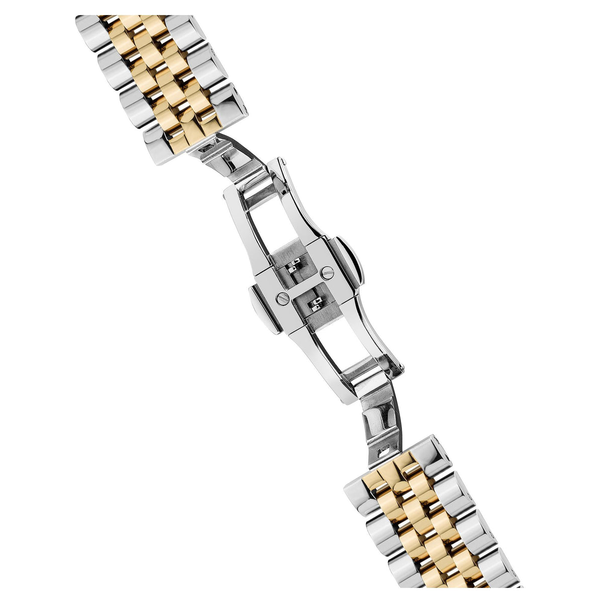 Men's two-tone silver and gold Milanese bracelet watch link detail