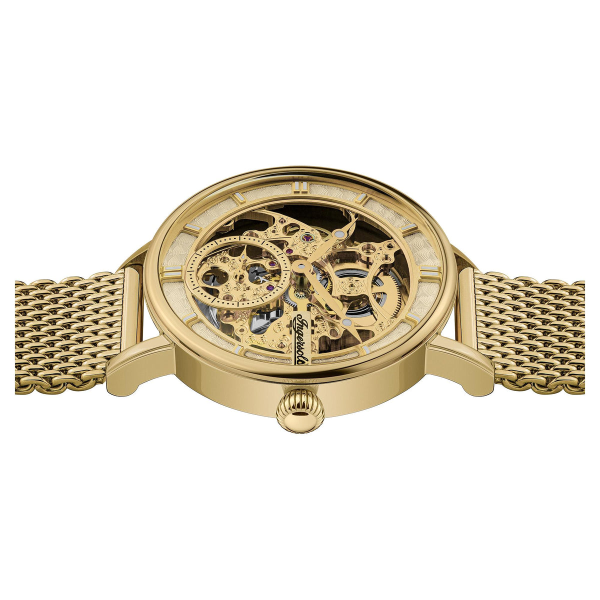 Gold automatic skeleton watch with round case and linked mesh bracelet, side view