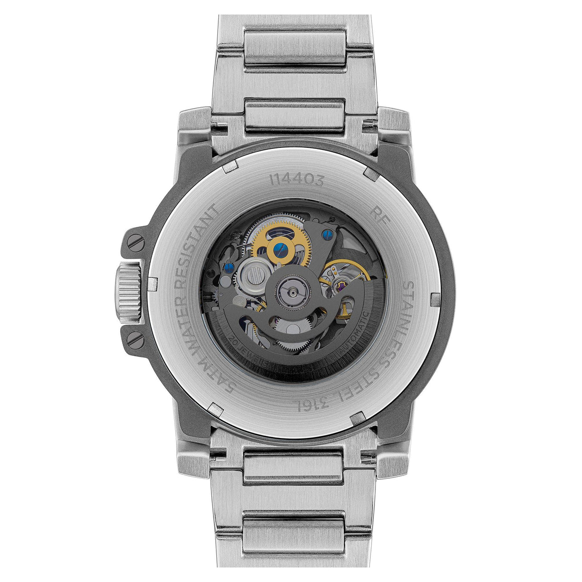 Men’s automatic skeleton watch with steel bracelet and open black dial