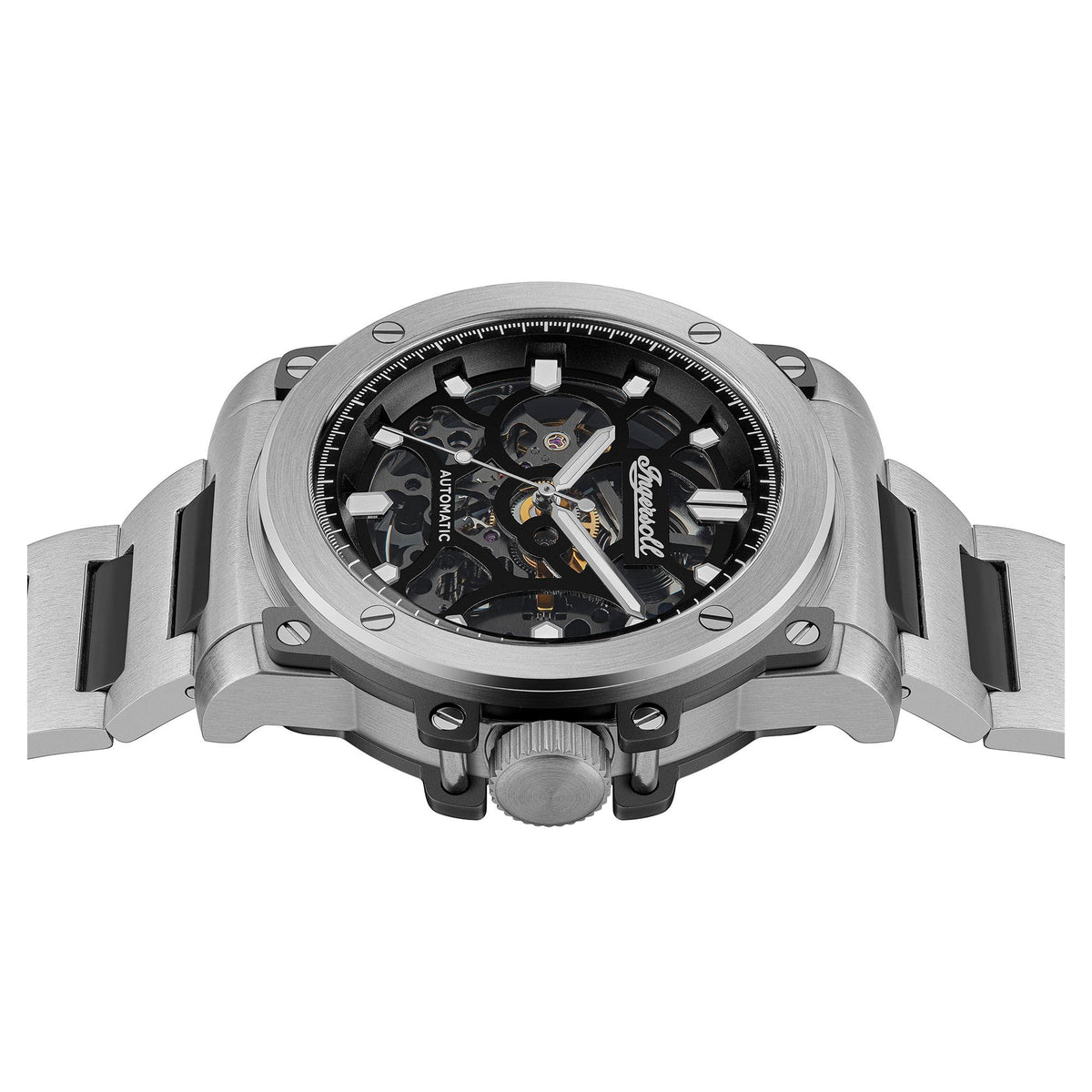 Men’s automatic watch side view showing openwork black dial and steel case