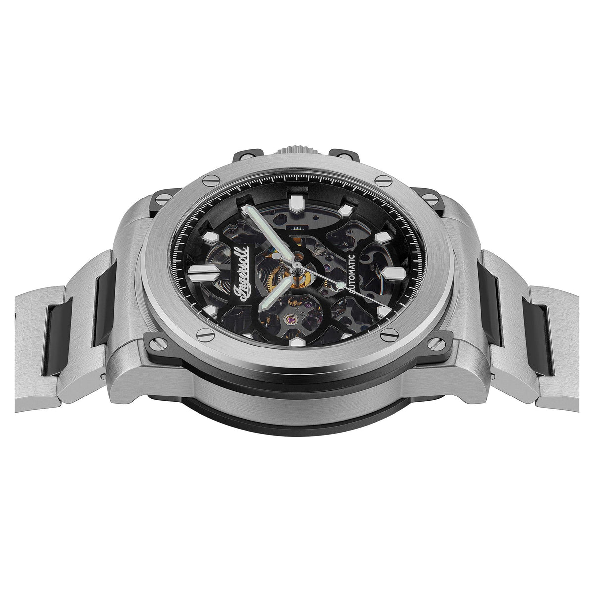 Men’s automatic skeleton watch angled view with black dial and steel bracelet