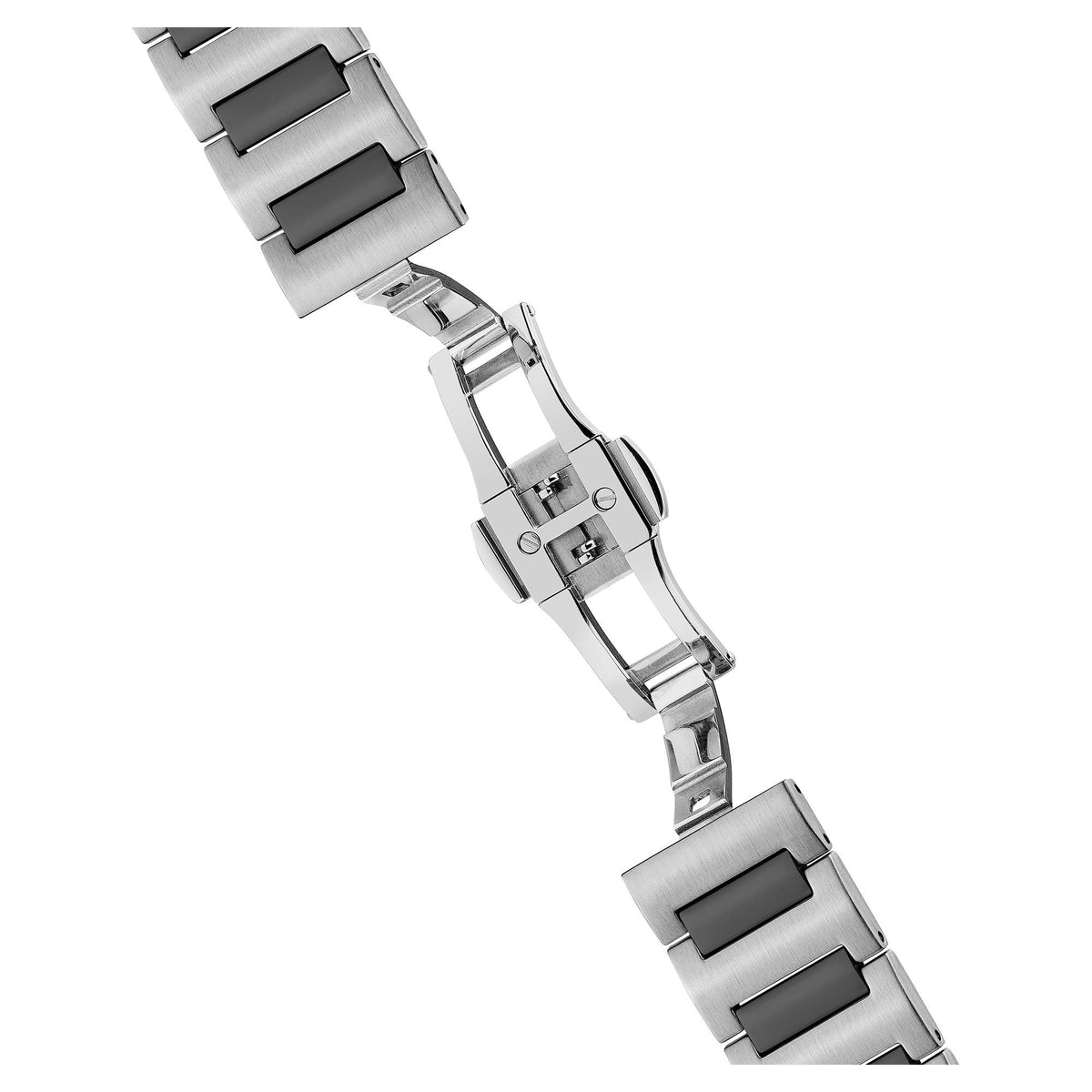 Steel bracelet watch with black links, clasp detail, and case extension