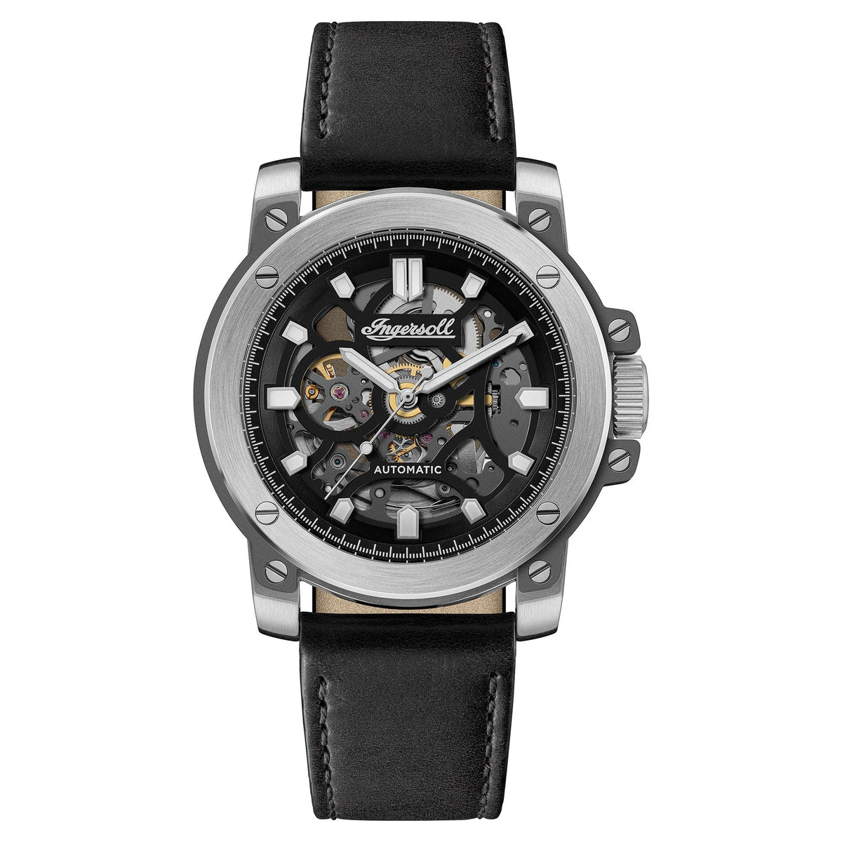 Men's automatic skeleton watch with black dial, stainless case, and black leather strap