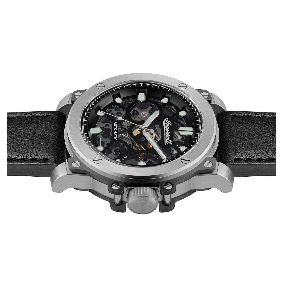Automatic skeleton watch head with black dial and stainless bezel on leather strap