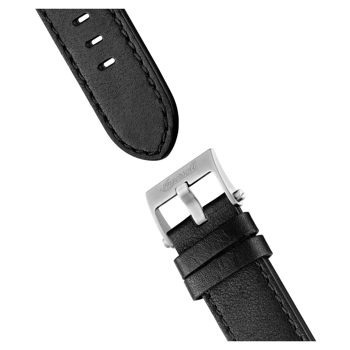 Black leather watch strap with metal buckle and stitched edge