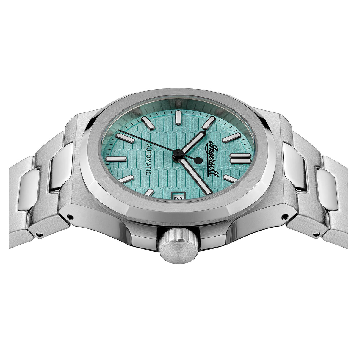 Men's stainless steel automatic watch, turquoise blue dial with baton hour markers