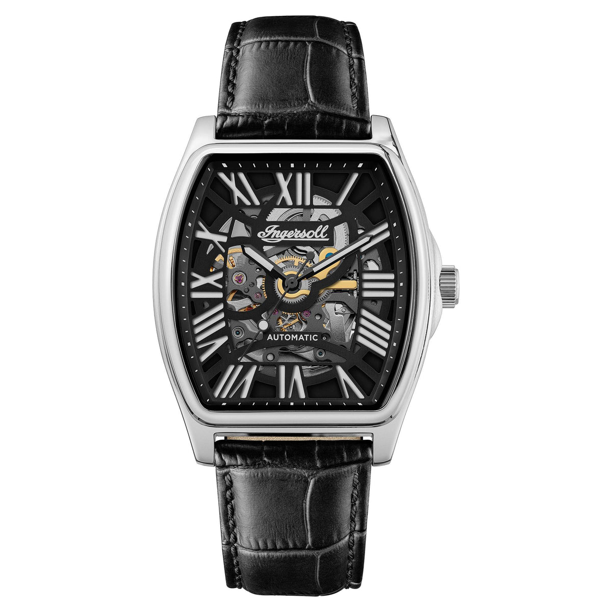 Men's skeleton automatic watch with black dial, Roman numerals, black leather strap, steel case