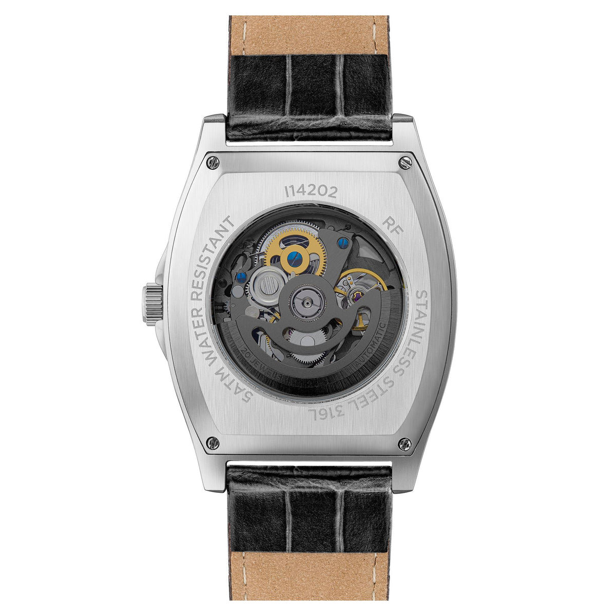 Men's automatic watch caseback with visible movement, black leather strap, steel case