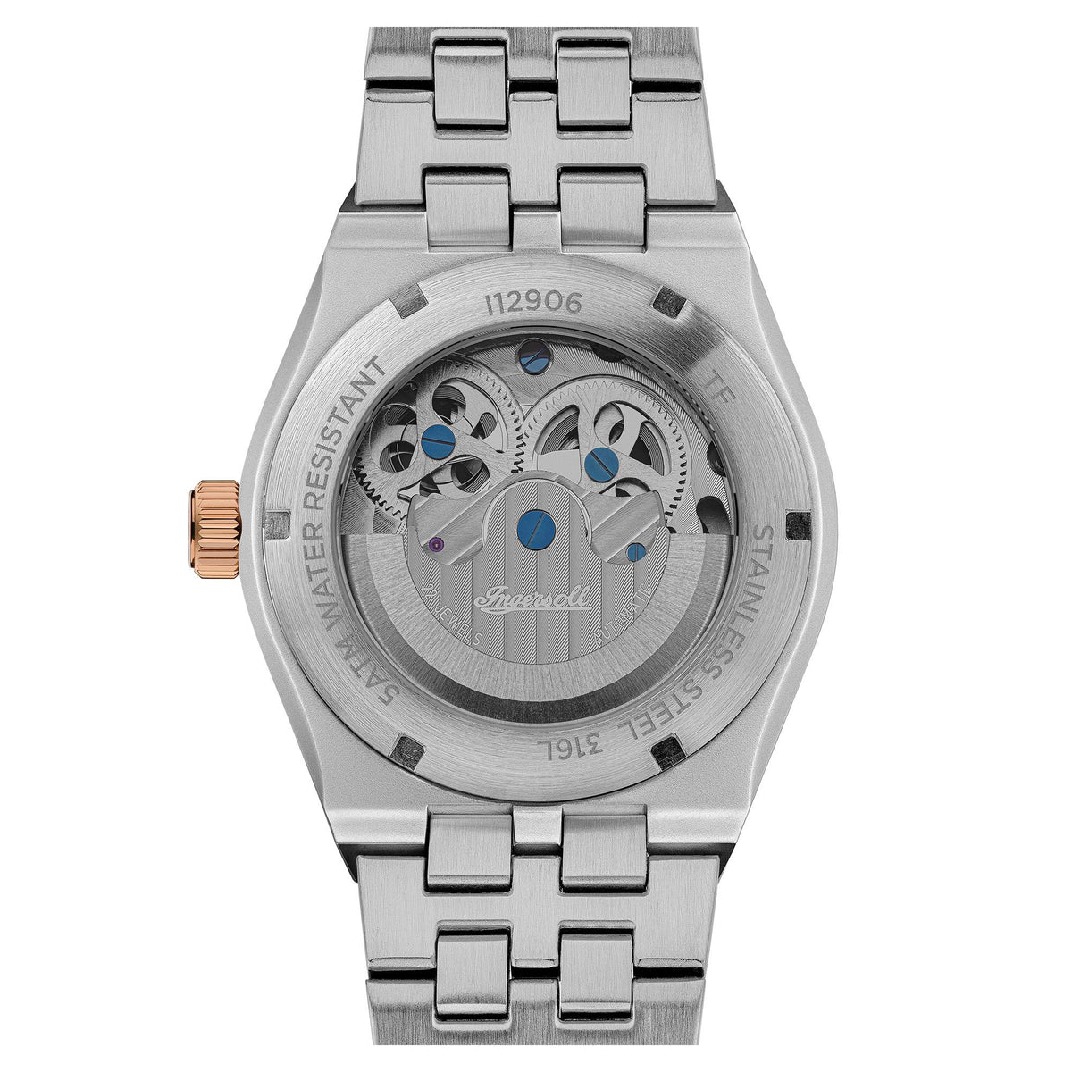 Two-tone stainless steel men's automatic watch caseback with engraved details