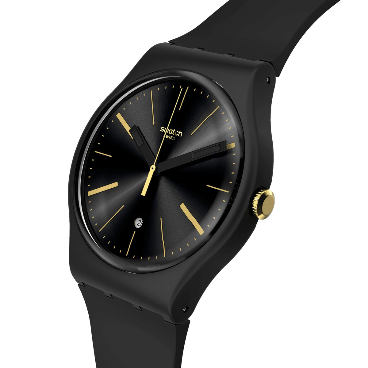 Black silicone strap unisex watch, angled view; dark dial with gold markers and crown