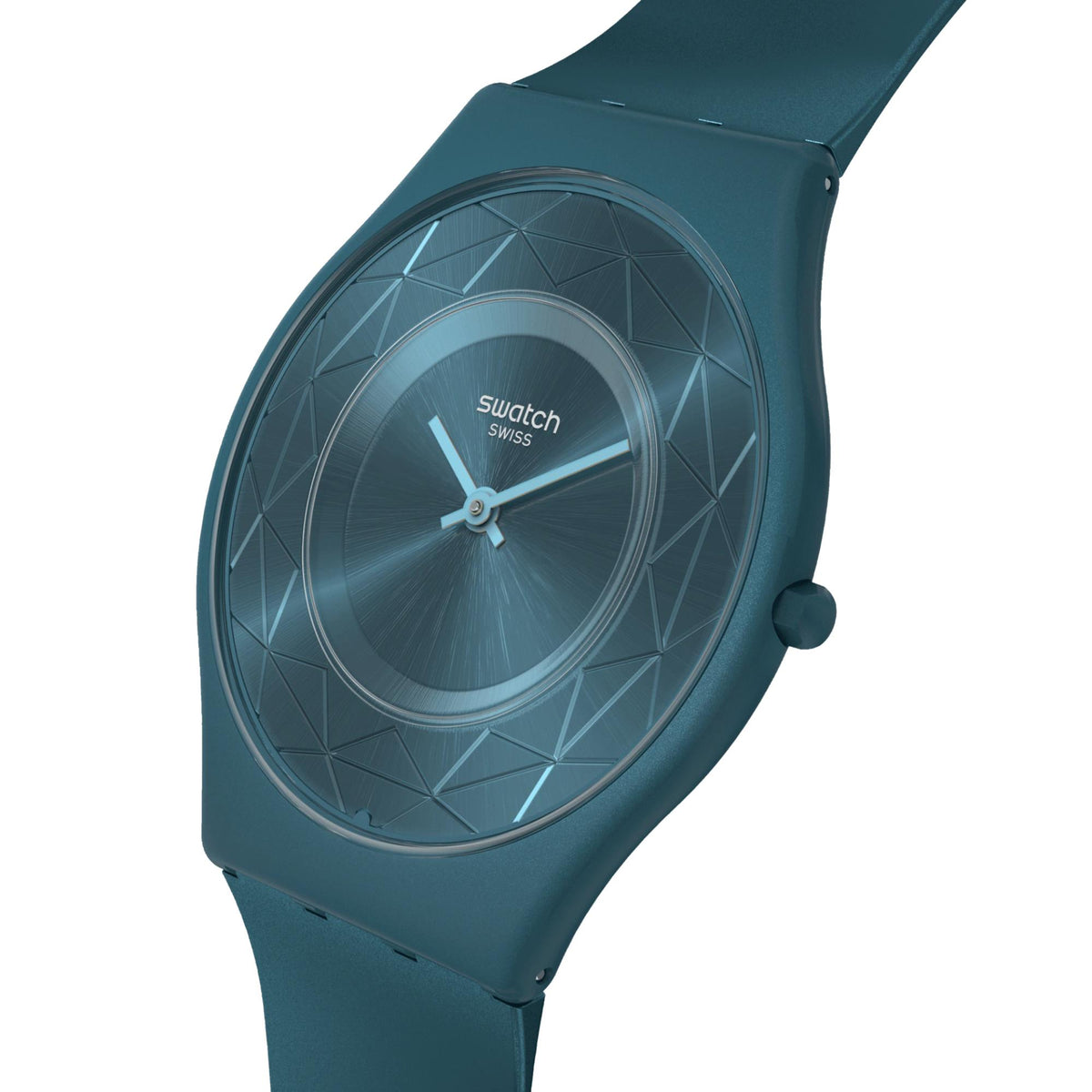 Unisex teal silicone strap watch, side view with crown and textured geometric dial