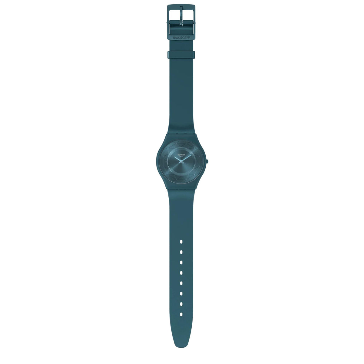 Unisex teal silicone strap watch shown from above, round teal dial near the buckle