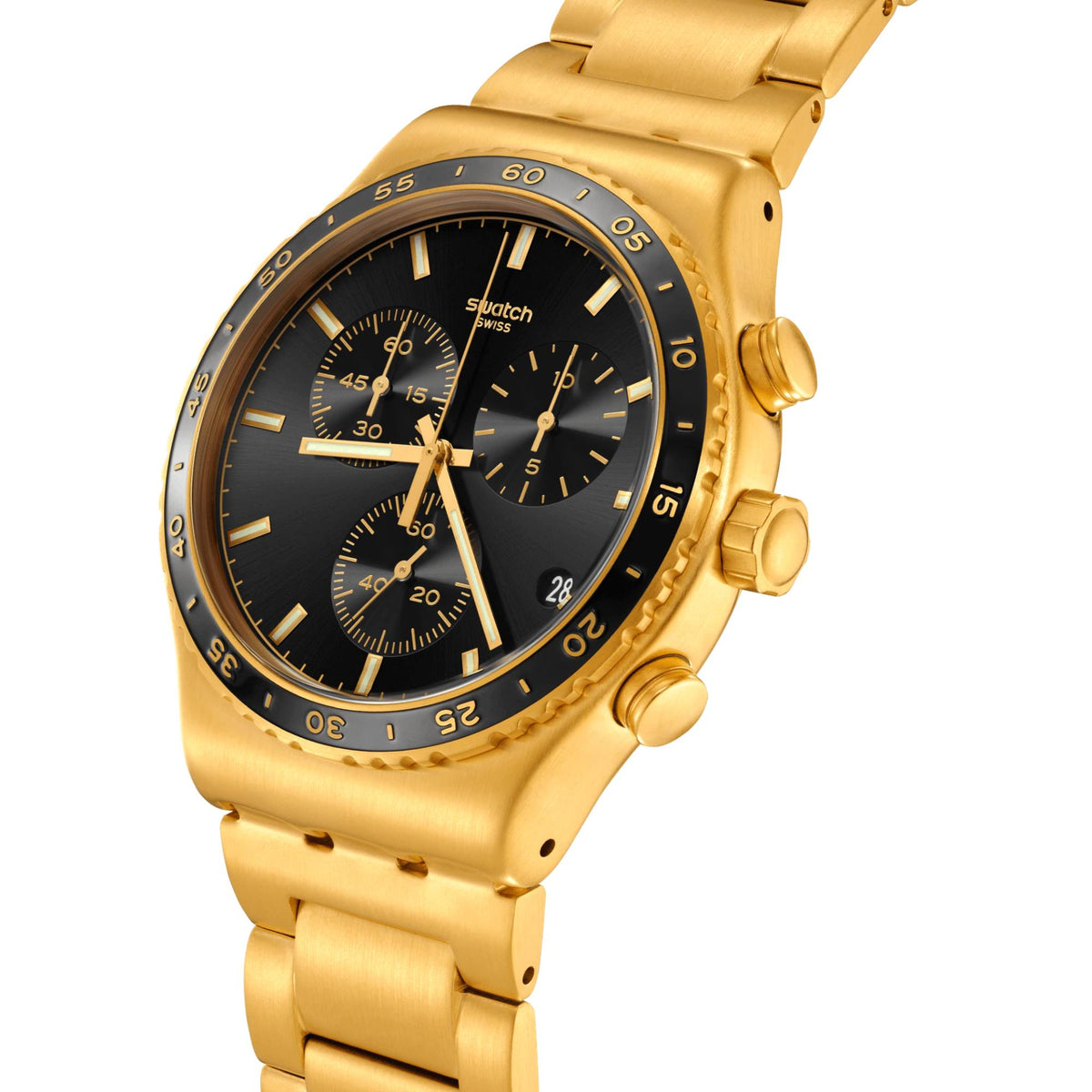 Gold-tone watch with black dial, three subdials, gold bezel and crown detail