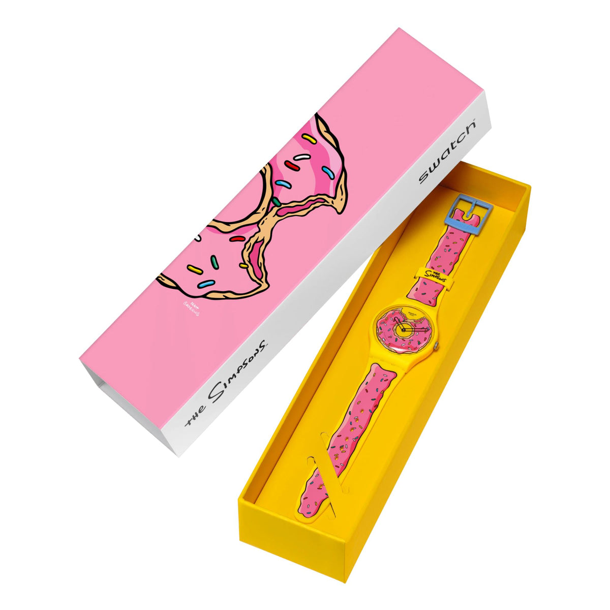 Swatch watch gift box with yellow donut-themed watch and pink outer sleeve
