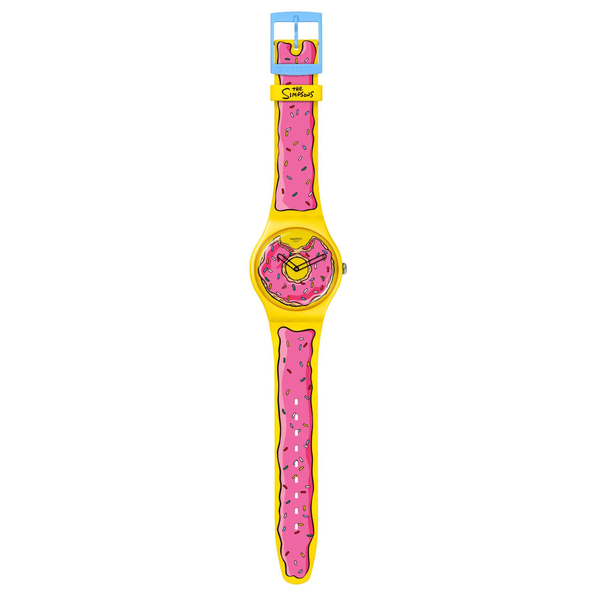 Unisex yellow silicone strap watch with pink cartoon donut dial, vertical view