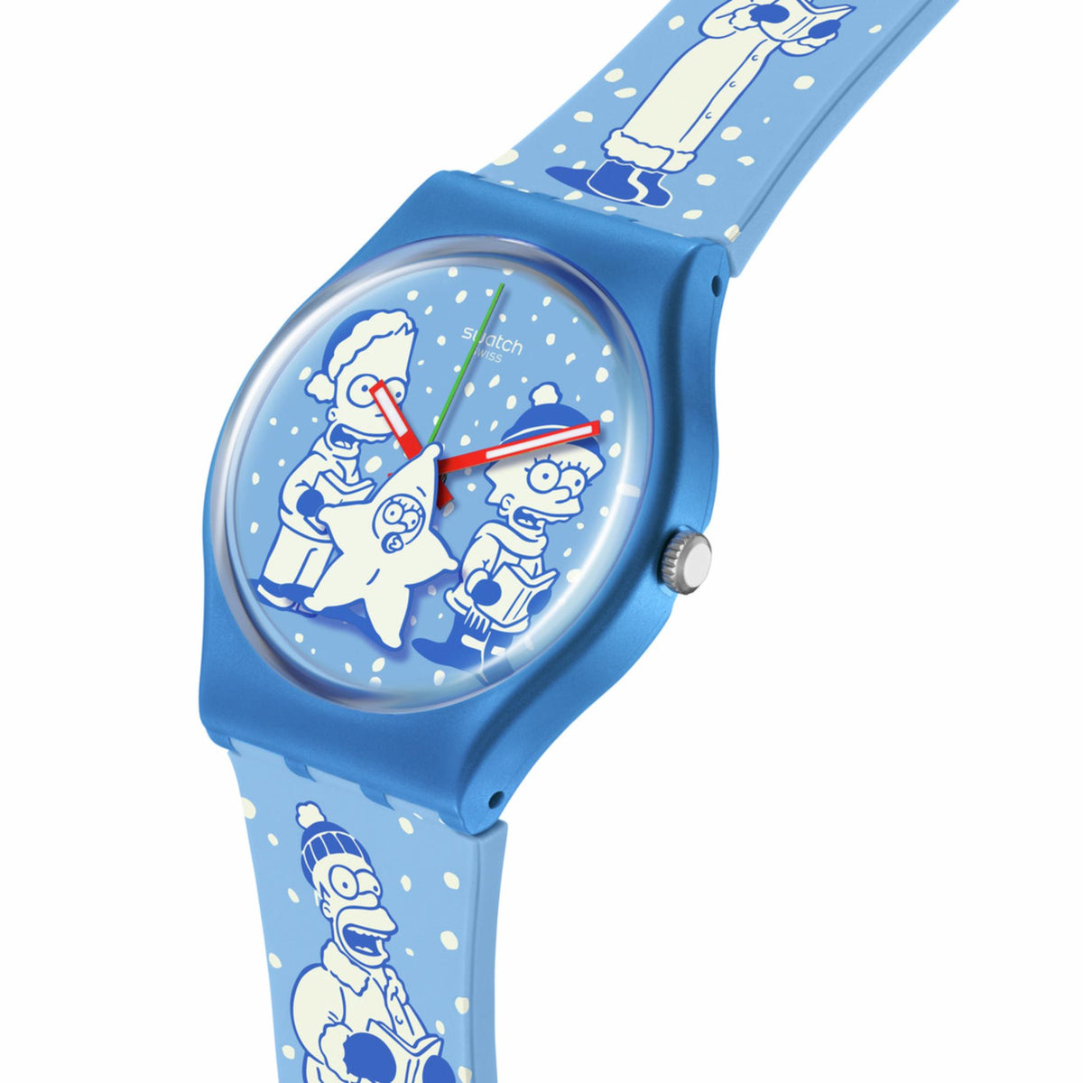 Blue silicone quartz watch with cartoon dial and red/green accents