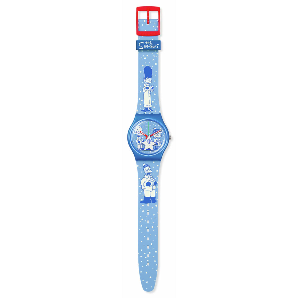 Blue silicone watch with full-length printed strap and red clasp