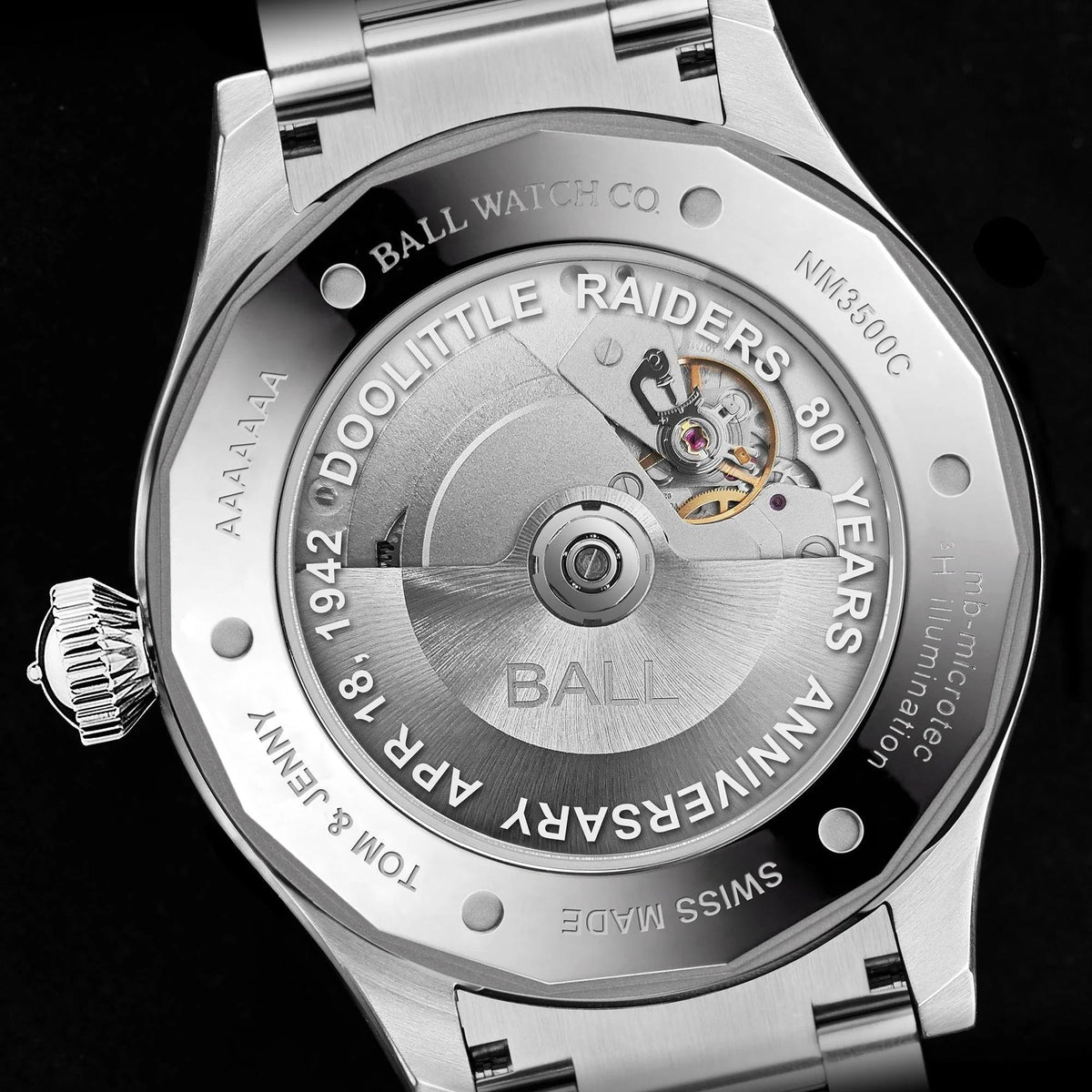 Stainless steel watch case back engraved with Doolittle Raiders design and BALL movement