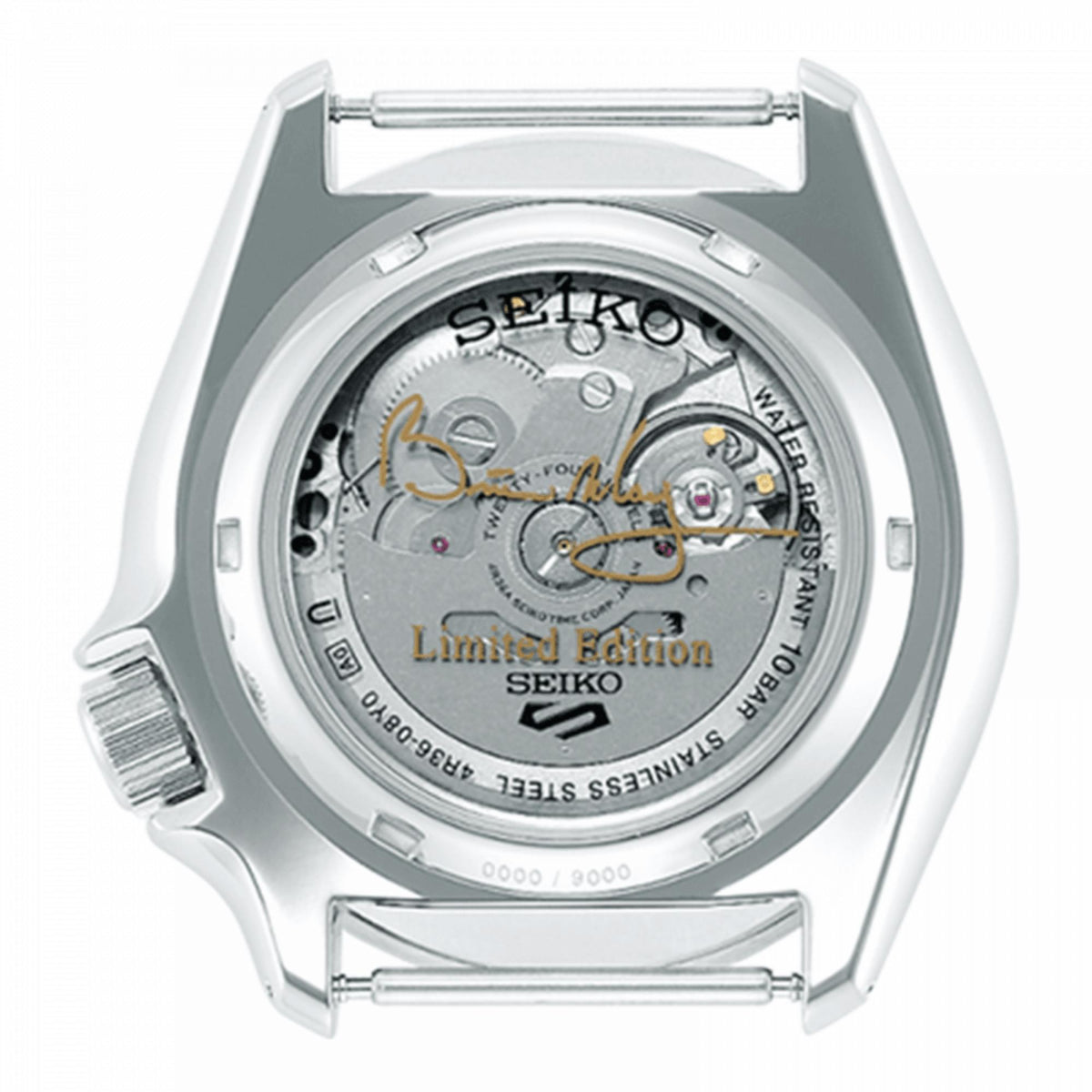 Exhibition case back view of the Seiko SRPE83K1 Brian May watch, featuring the clear window stamped with Brian May's signature in gold over the automatic movement.