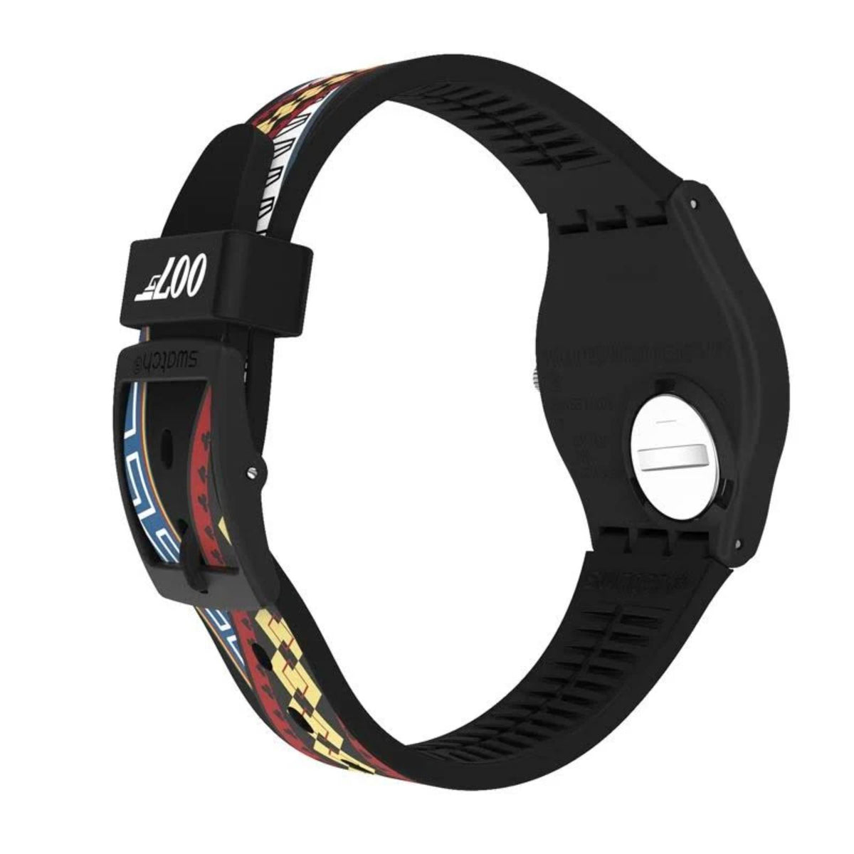 Black silicone-strap wristwatch with round case and blue/red/yellow pattern detail