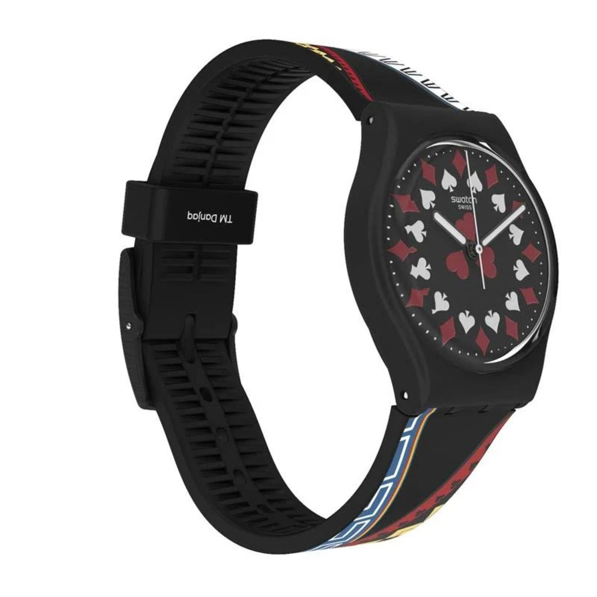Black round-dial wristwatch showing red heart motifs and black silicone strap