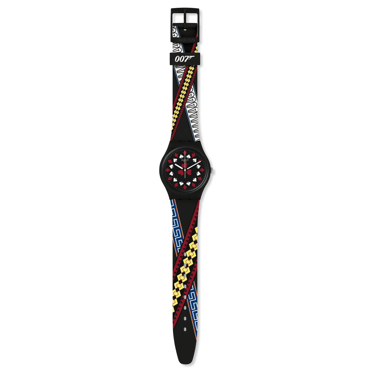 Black silicone-strap wristwatch with round heart-pattern dial and long patterned strap