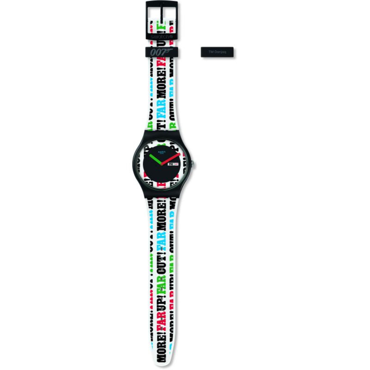 Unisex black round watch with multicolour dial and NATO strap with multicolour text