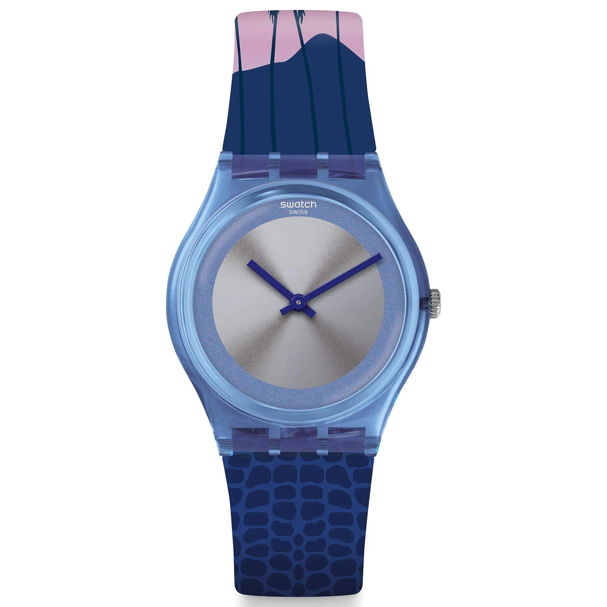 Unisex watch with grey dial, blue silicone strap, round translucent case.