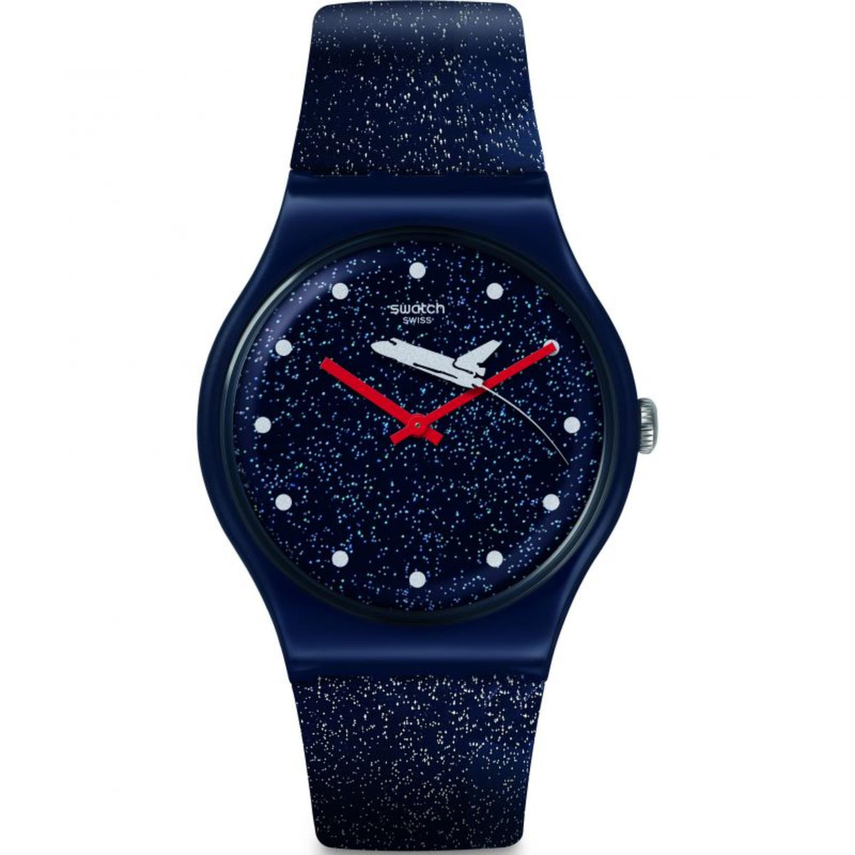 Navy silicone strap unisex watch with starry blue dial, white markers, and red hands.