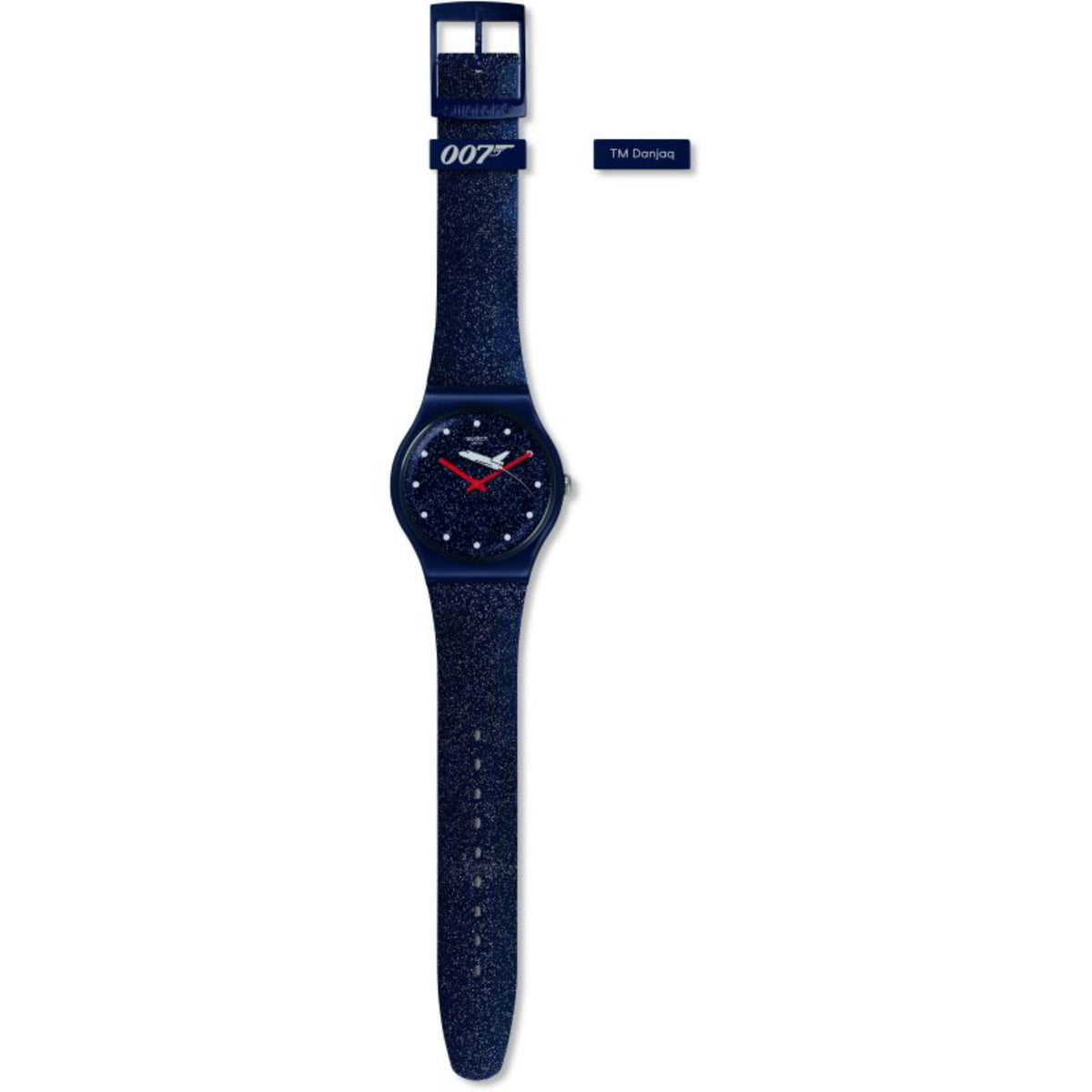 Navy silicone watch with starry blue dial and red hands; clasp shows '007' on top.