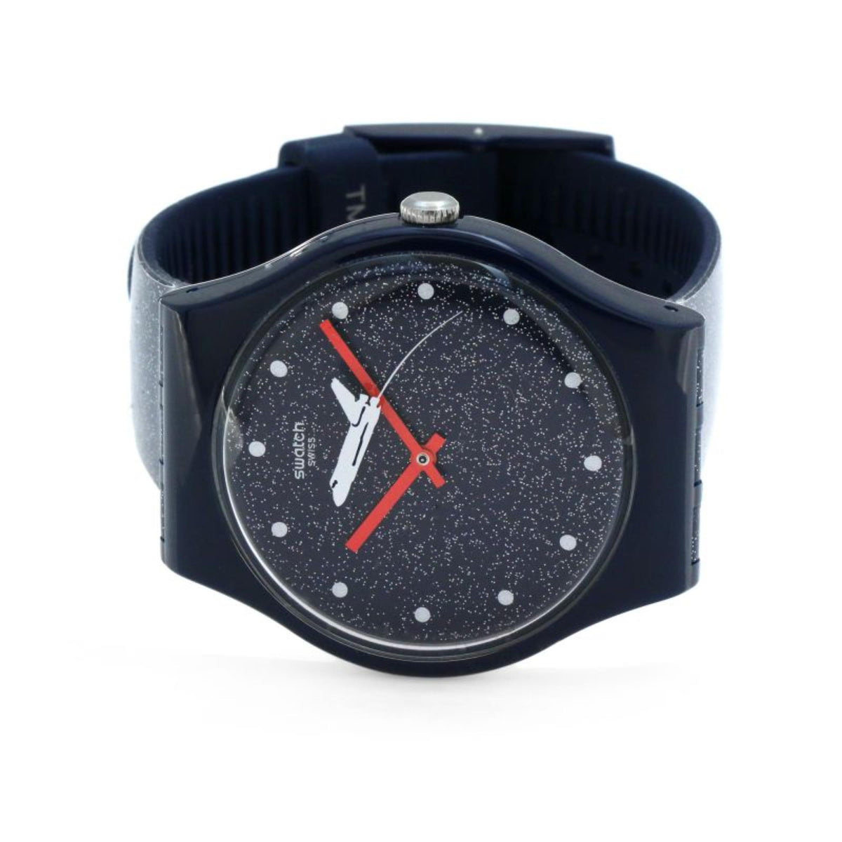 Navy silicone watch with starry blue dial, white hour markers, and red second/minute hands.