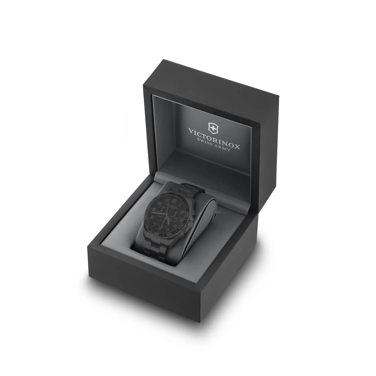 Men's chronograph watch in a presentation box with black interior and logo