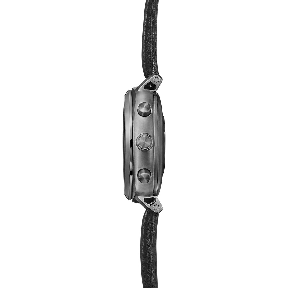 Hybrid smart watch side profile with black leather strap and round case