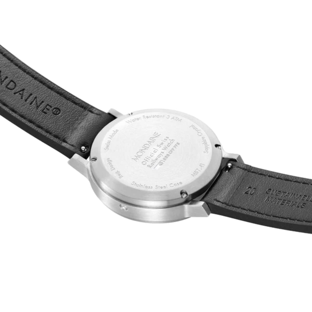 Mondaine stop2go watch caseback on black leather strap, silver round case