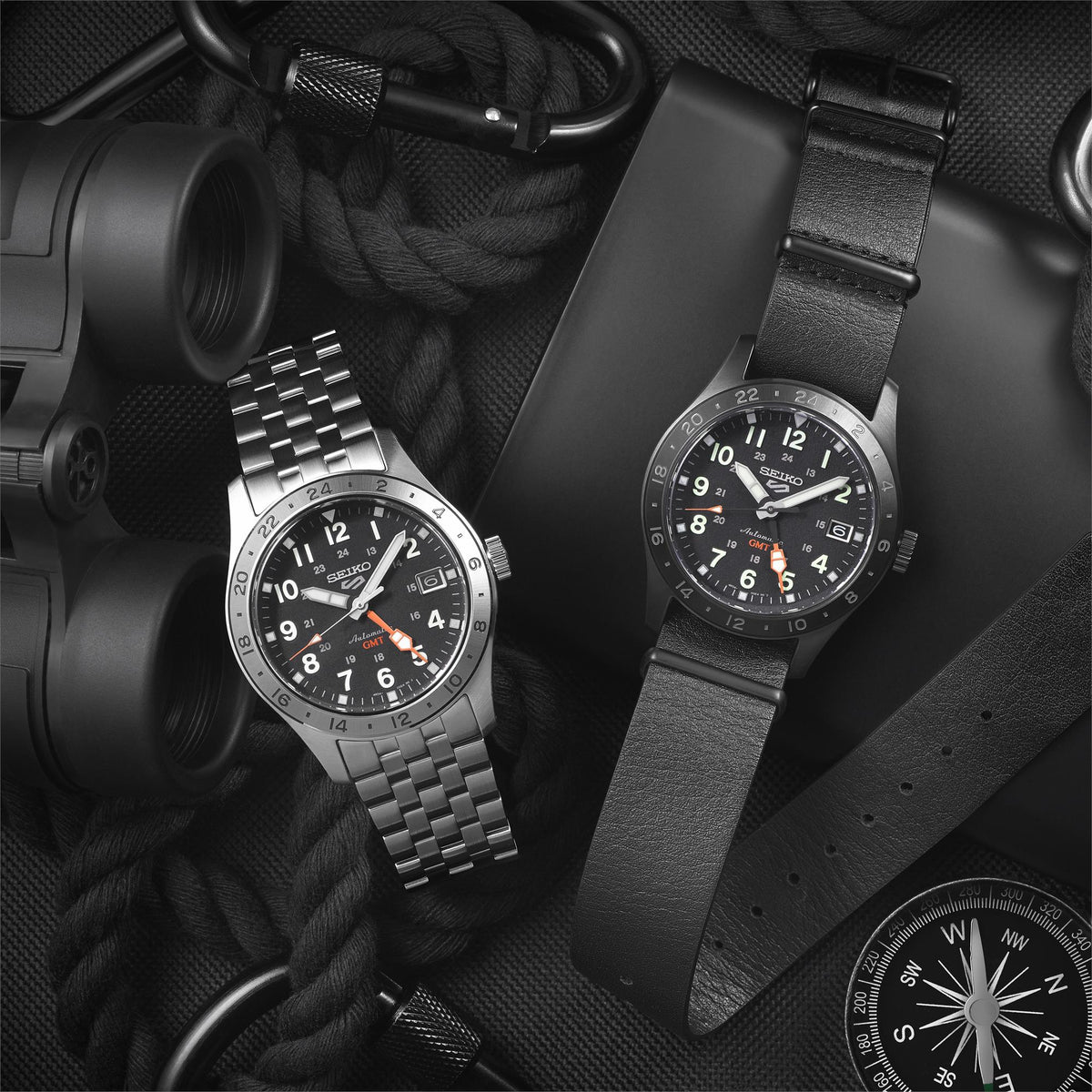 Seiko 5 Sports Field Deploy Mechanical GMT SSK023K1 alongside tactical field gear flat lay