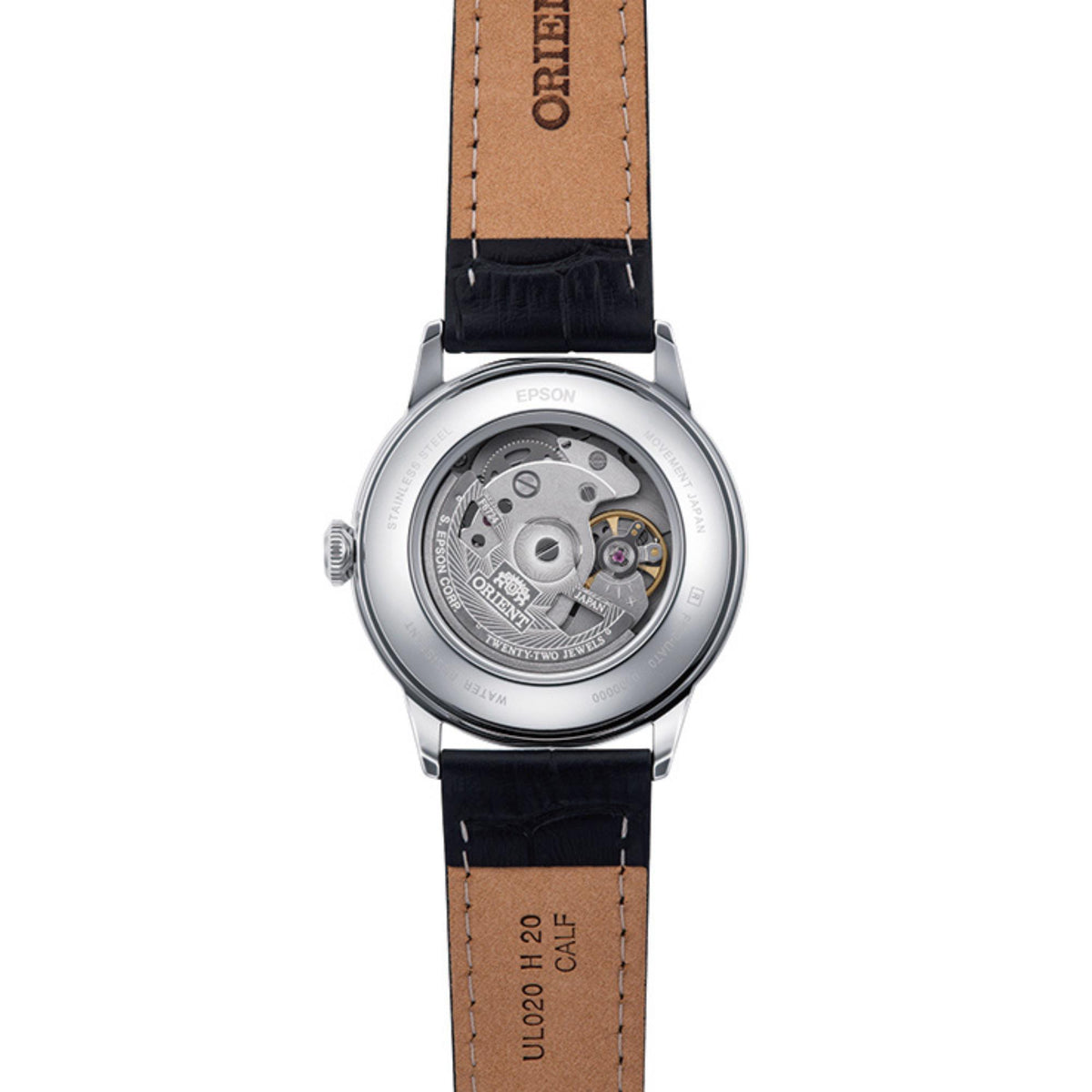 Men's automatic watch with visible movement through caseback and black leather strap