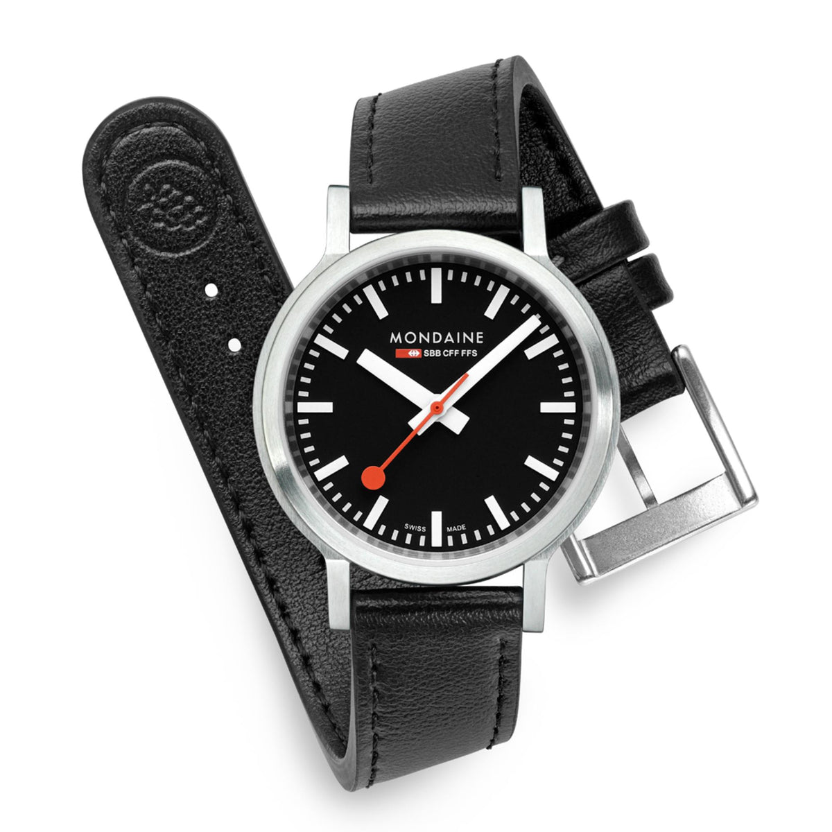 Black leather strap wristwatch with stainless-steel clasp and black dial with orange hands