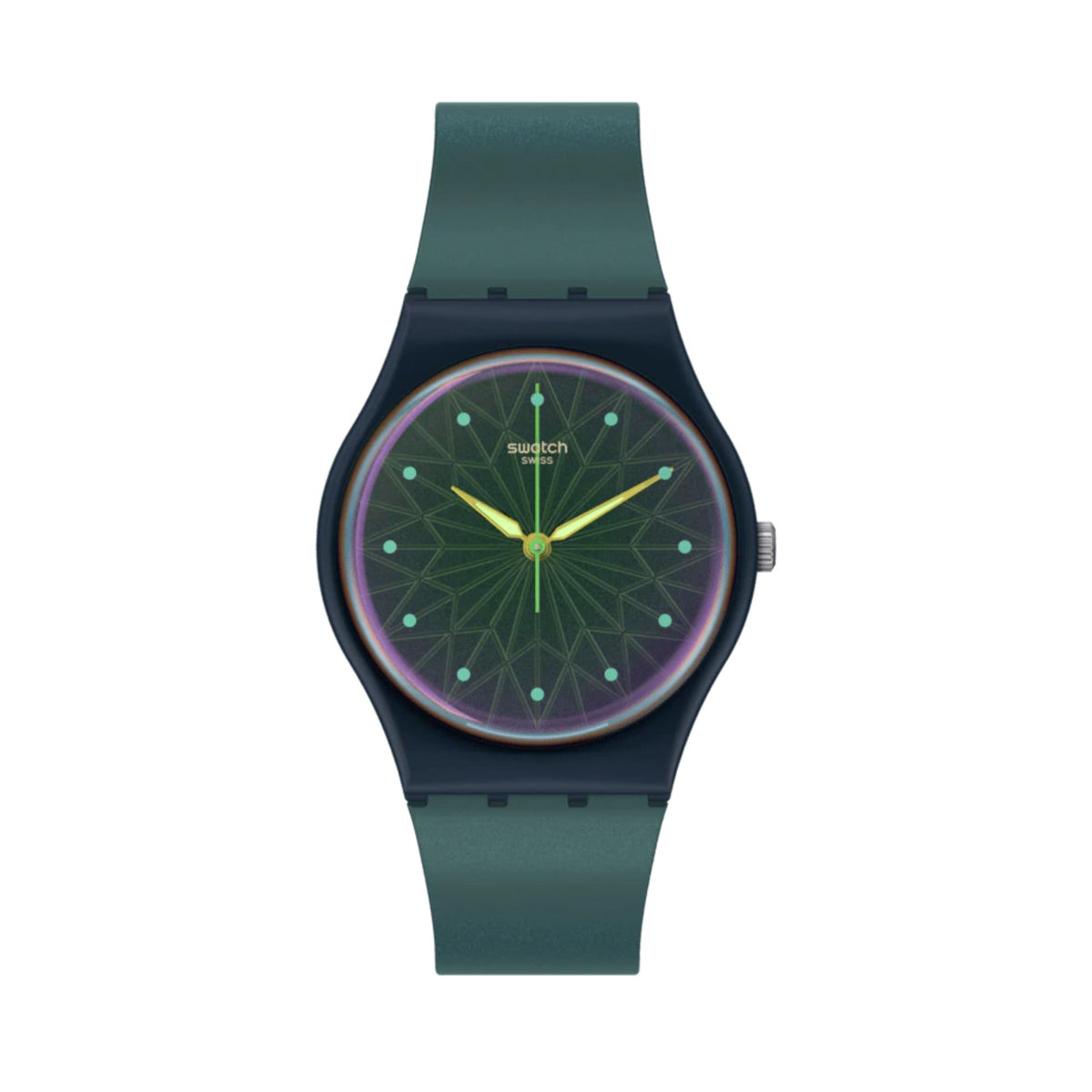 Dark green silicone watch with blue dial, starburst gem pattern and yellow hands