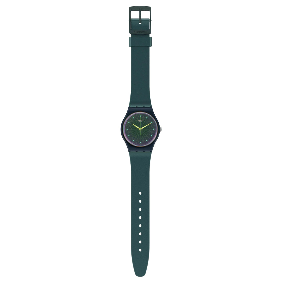 Dark green silicone strap watch with blue dial and gemstone starburst pattern