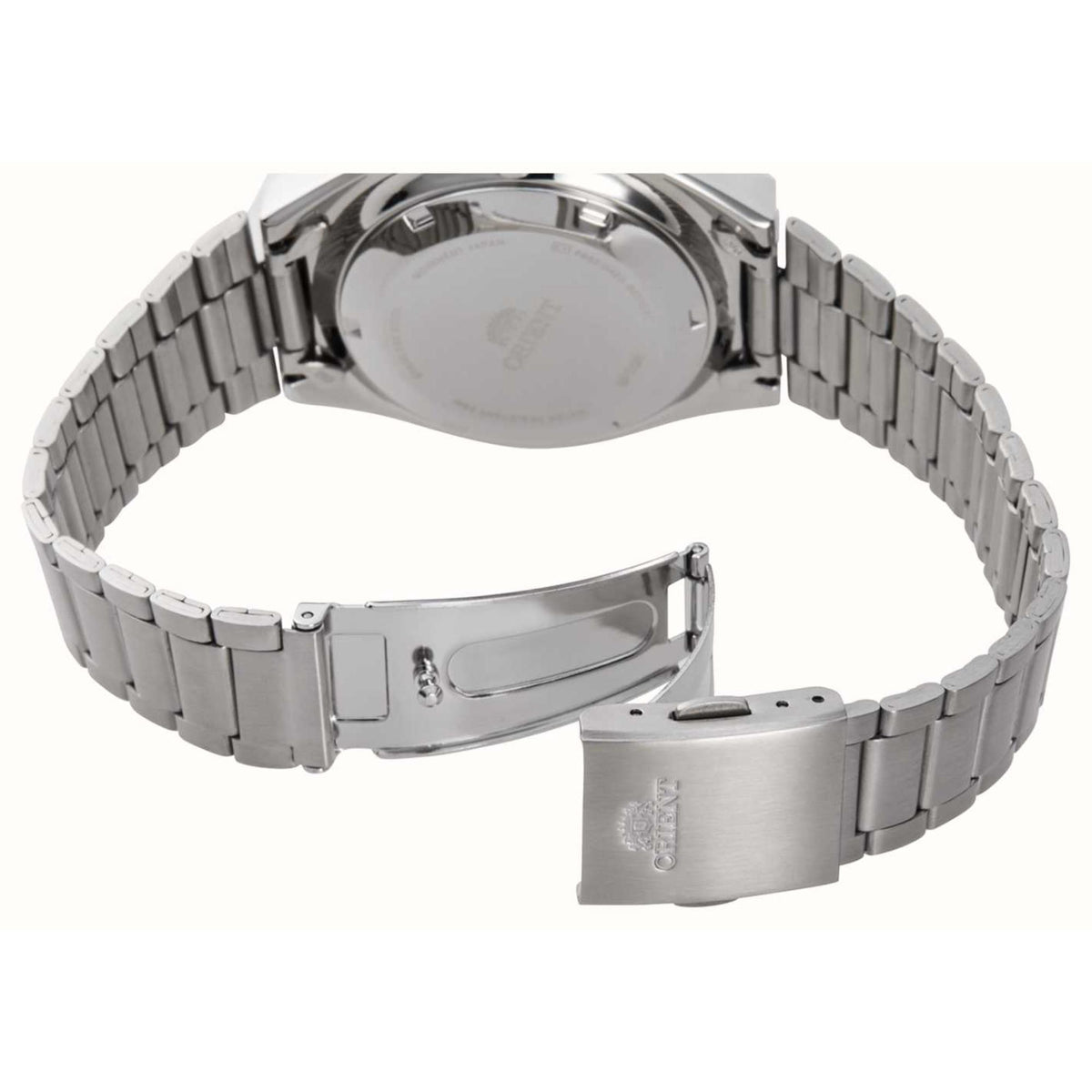 Steel bracelet wrist watch with clasp and caseback view