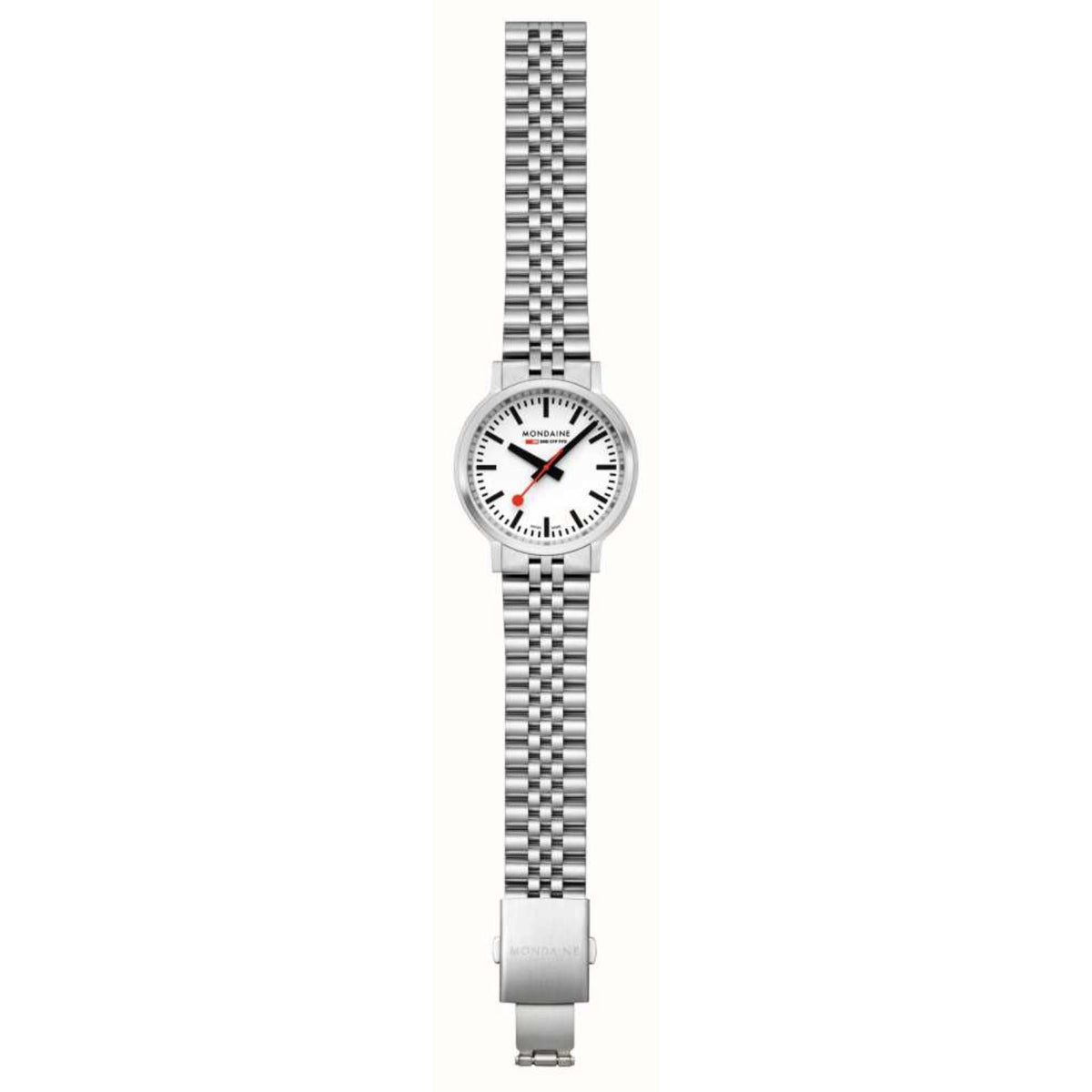 Mondaine stop2go men's quartz watch, steel mesh bracelet, white dial with red accents