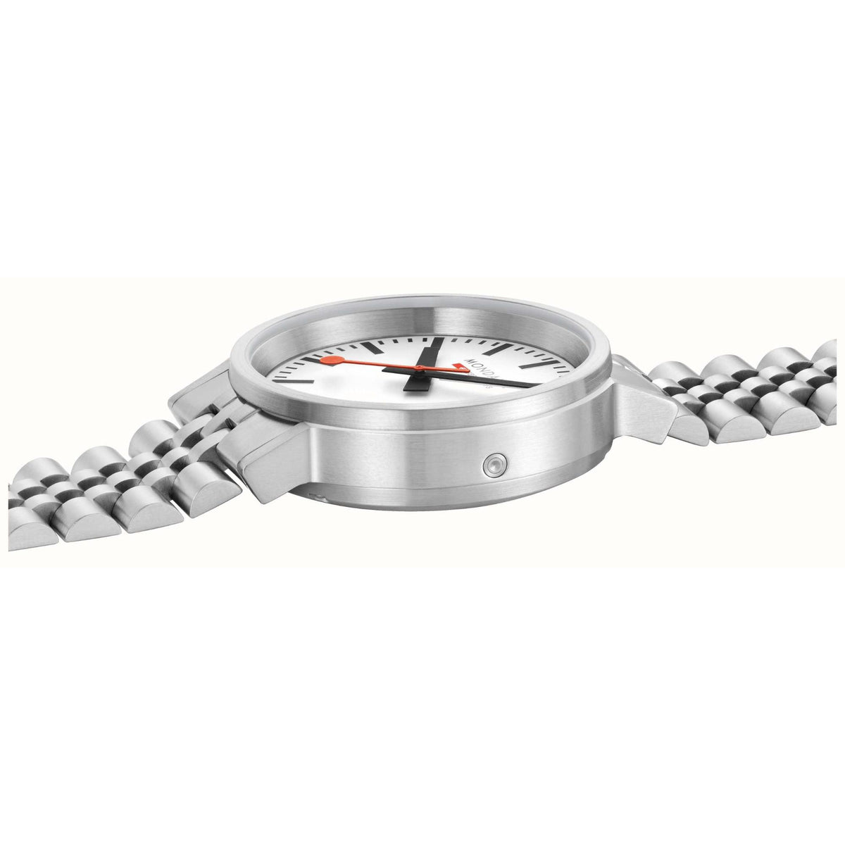 Mondaine stop2go men's quartz watch, steel case side and crown, steel bracelet, white dial