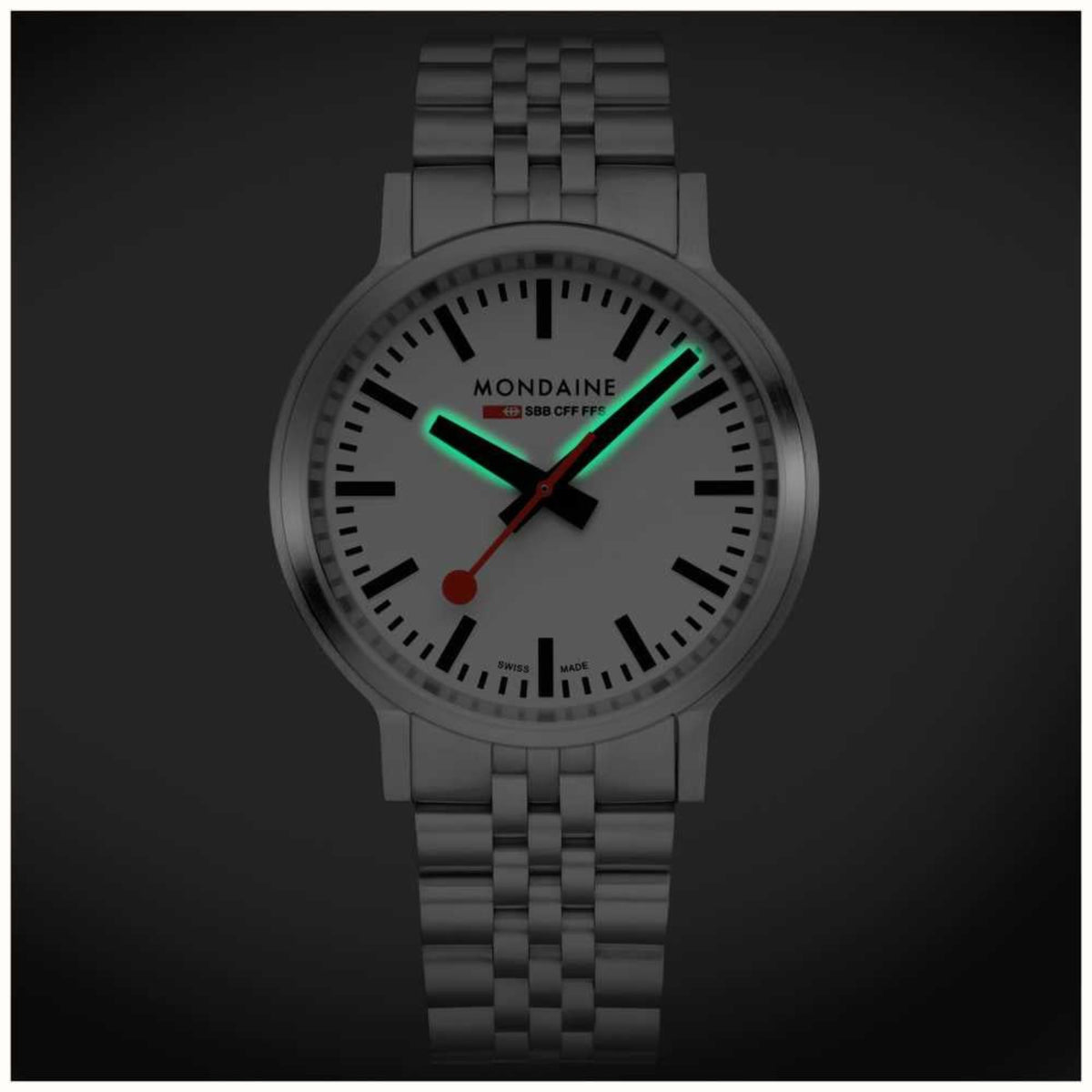 Mondaine stop2go men's quartz watch, white dial with glowing green hands and red seconds