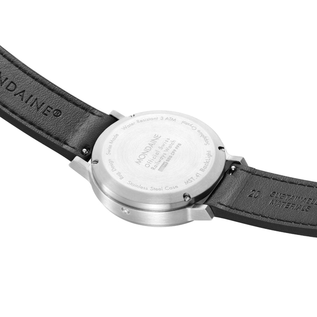 Mondaine stop2go stainless steel caseback with black leather strap