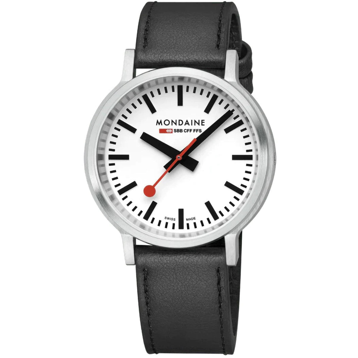 Mondaine stop2go analog leather quartz watch with white dial, black strap, silver case