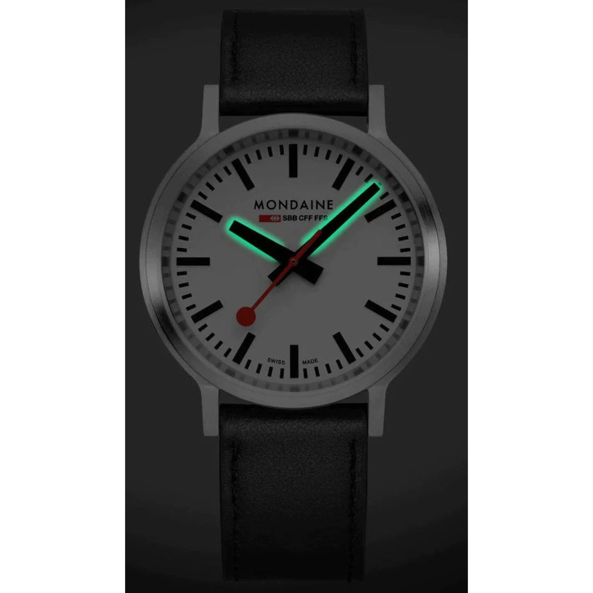 Mondaine stop2go leather quartz watch with white dial, black strap, silver case