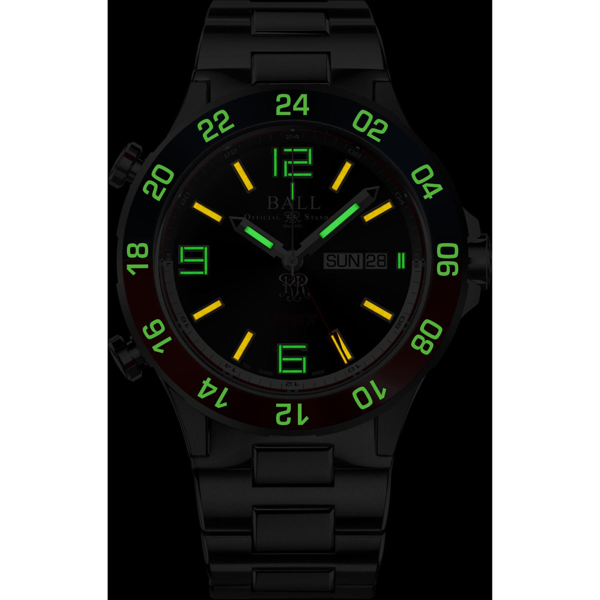Men's wristwatch with dark dial, green luminous markers, metal link bracelet