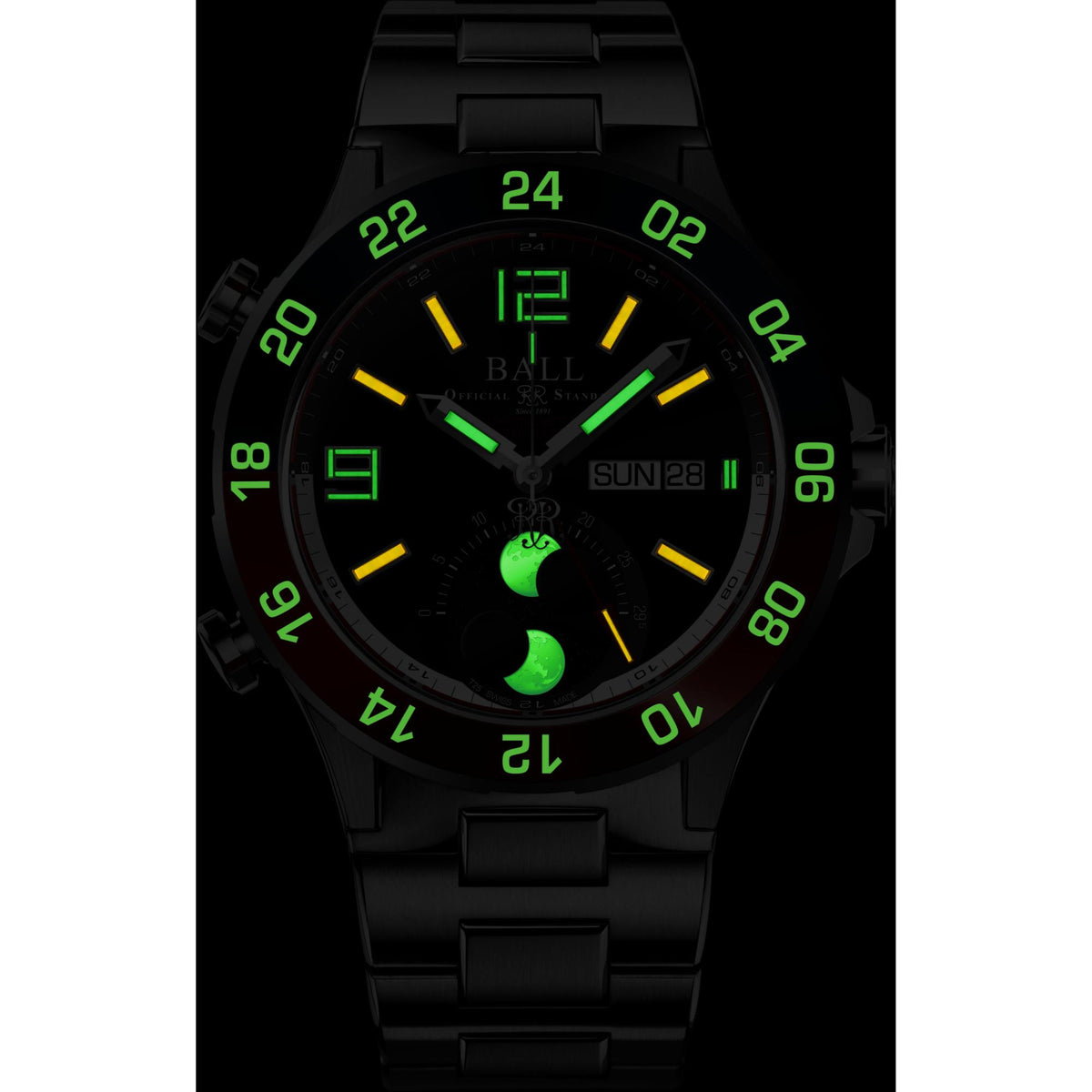 Men's automatic moon phase watch, black dial with green luminous markers, silver bracelet