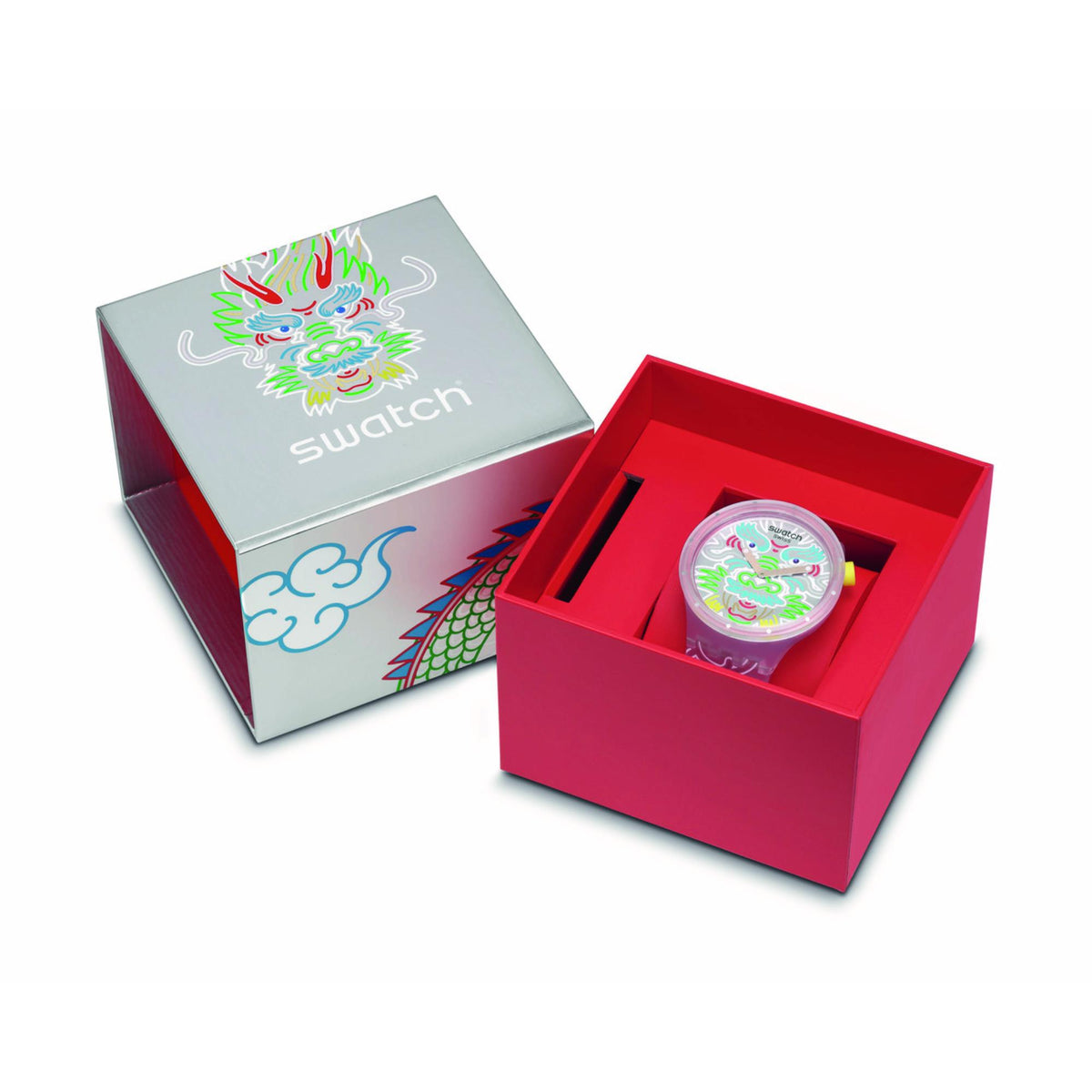 Swatch silicone watch with dragon dial, in open red gift box