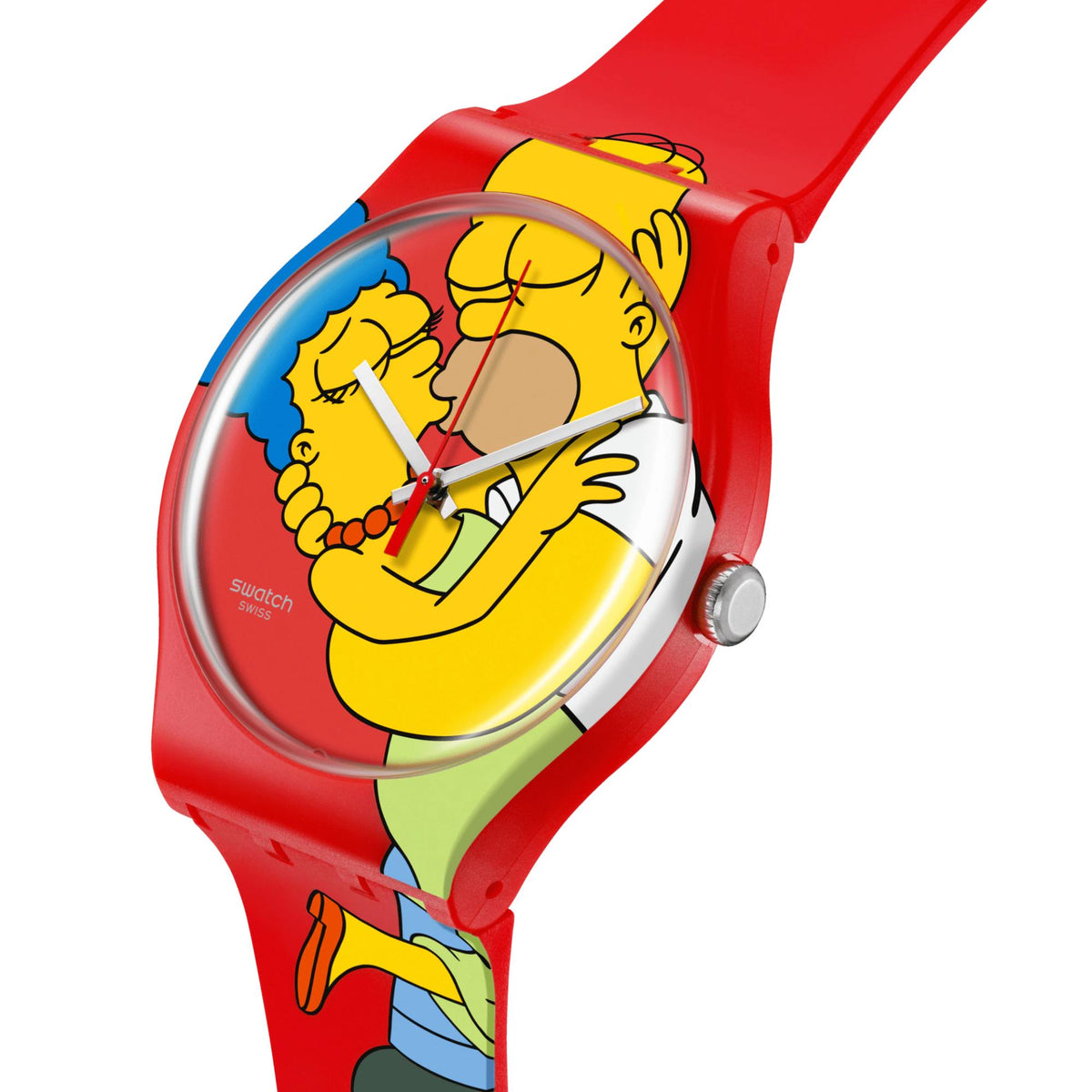 Red silicone Swatch watch with cartoon dial and round silver case